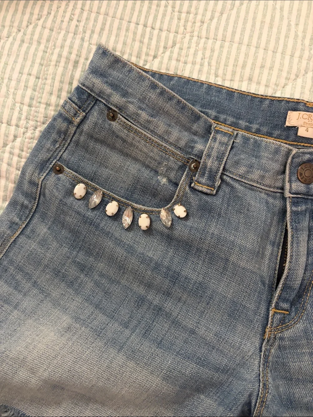 J. Crew Light Blue Denim Shorts with Teardrop Crystal Trim